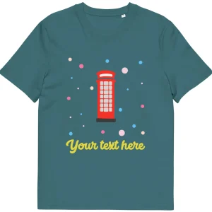 Flash Sale Personalised Custom Text - Organic Cotton Adults Unisex T-Shirt - London Doodles - Telephone Box Clothing | London Gifts