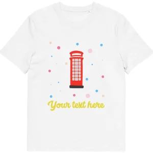 Flash Sale Personalised Custom Text - Organic Cotton Adults Unisex T-Shirt - London Doodles - Telephone Box Clothing | London Gifts