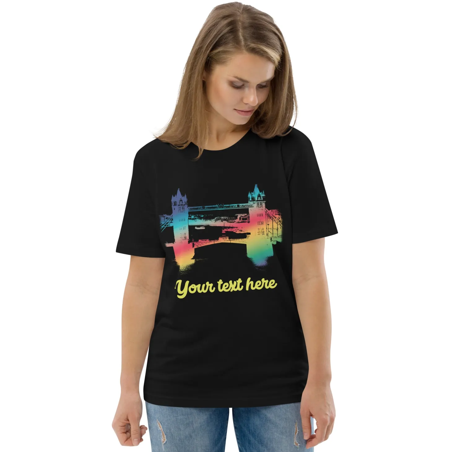 personalised_custom_text__tower_bridge_rainbow__organic_cotton_tshirt_0.webp Online Personalised Custom Text - Tower Bridge Rainbow - Organic Cotton T-Shirt Clothing | Tower Bridge Gifts