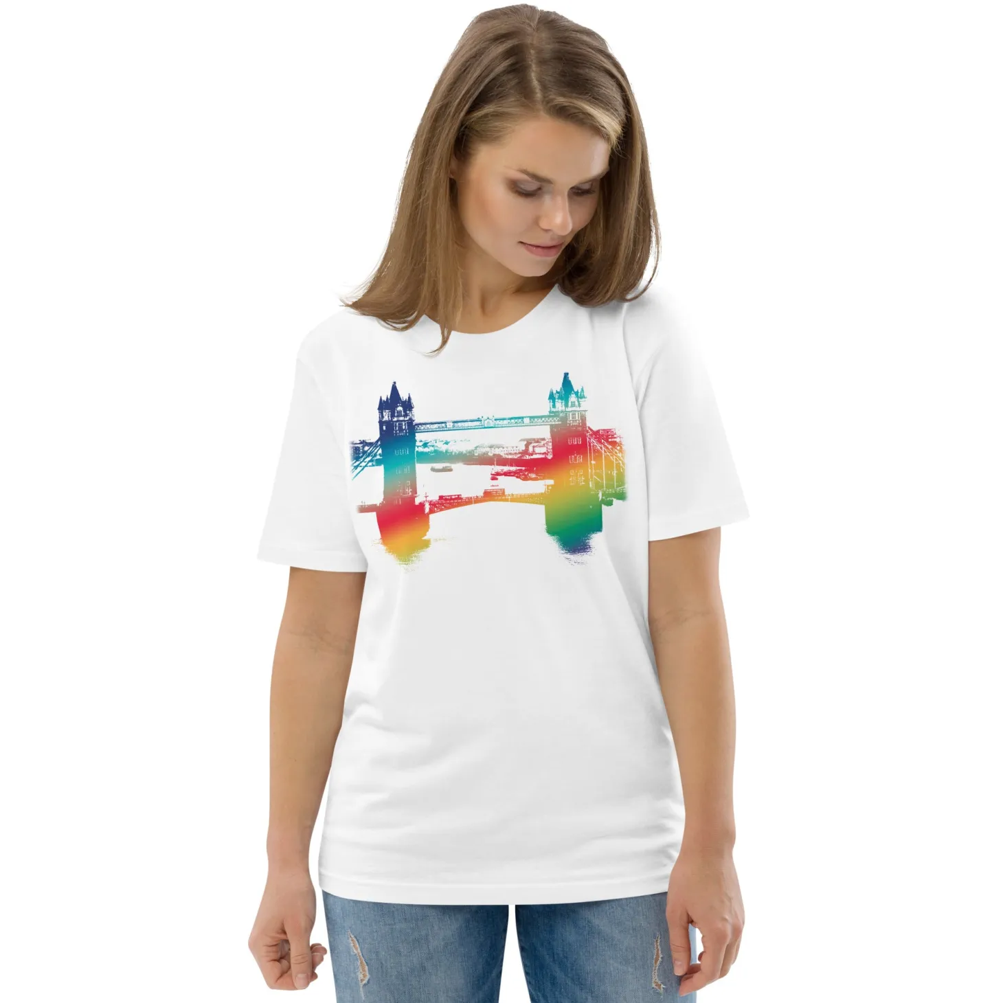 tower_bridge_rainbow__organic_cotton_tshirt_0.webp Discount Tower Bridge Rainbow - Organic Cotton T-Shirt Clothing | Tower Bridge Gifts