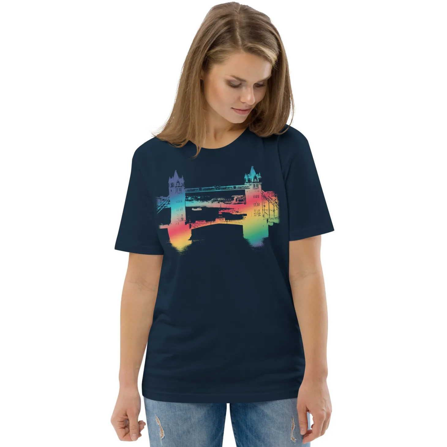 tower_bridge_rainbow__organic_cotton_tshirt_4.webp Discount Tower Bridge Rainbow - Organic Cotton T-Shirt Clothing | Tower Bridge Gifts